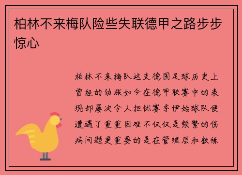 柏林不来梅队险些失联德甲之路步步惊心