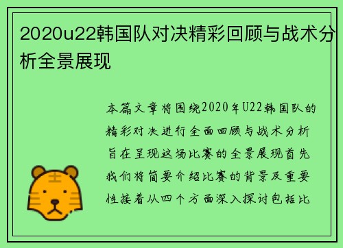 2020u22韩国队对决精彩回顾与战术分析全景展现
