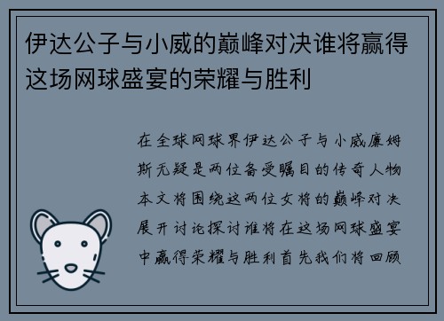 伊达公子与小威的巅峰对决谁将赢得这场网球盛宴的荣耀与胜利