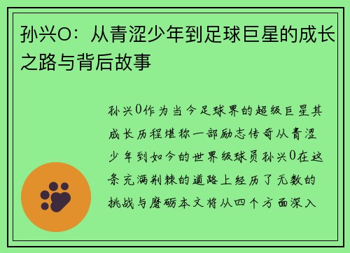 孙兴O：从青涩少年到足球巨星的成长之路与背后故事