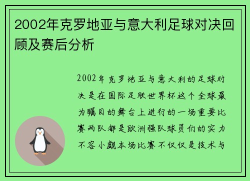 2002年克罗地亚与意大利足球对决回顾及赛后分析