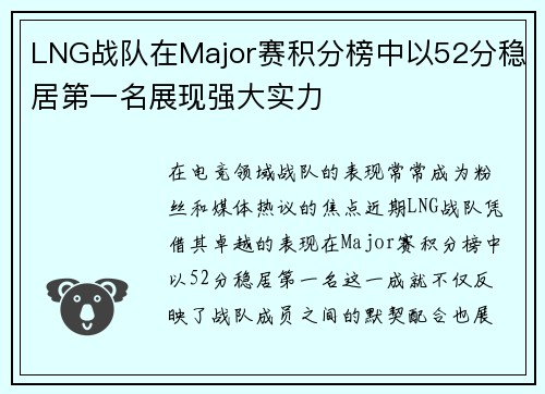 LNG战队在Major赛积分榜中以52分稳居第一名展现强大实力