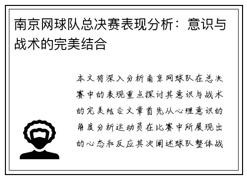 南京网球队总决赛表现分析：意识与战术的完美结合