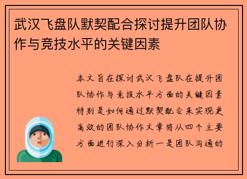 武汉飞盘队默契配合探讨提升团队协作与竞技水平的关键因素