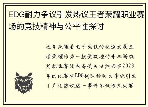 EDG耐力争议引发热议王者荣耀职业赛场的竞技精神与公平性探讨
