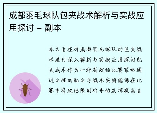 成都羽毛球队包夹战术解析与实战应用探讨 - 副本